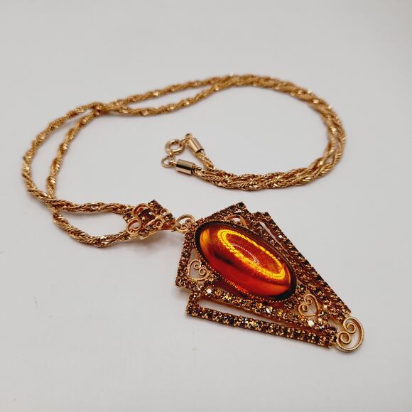 Vintage Topaz Lucite Rhinestone Pendant Brooch Necklace Rope Chain 22” - Picture 13 of 14